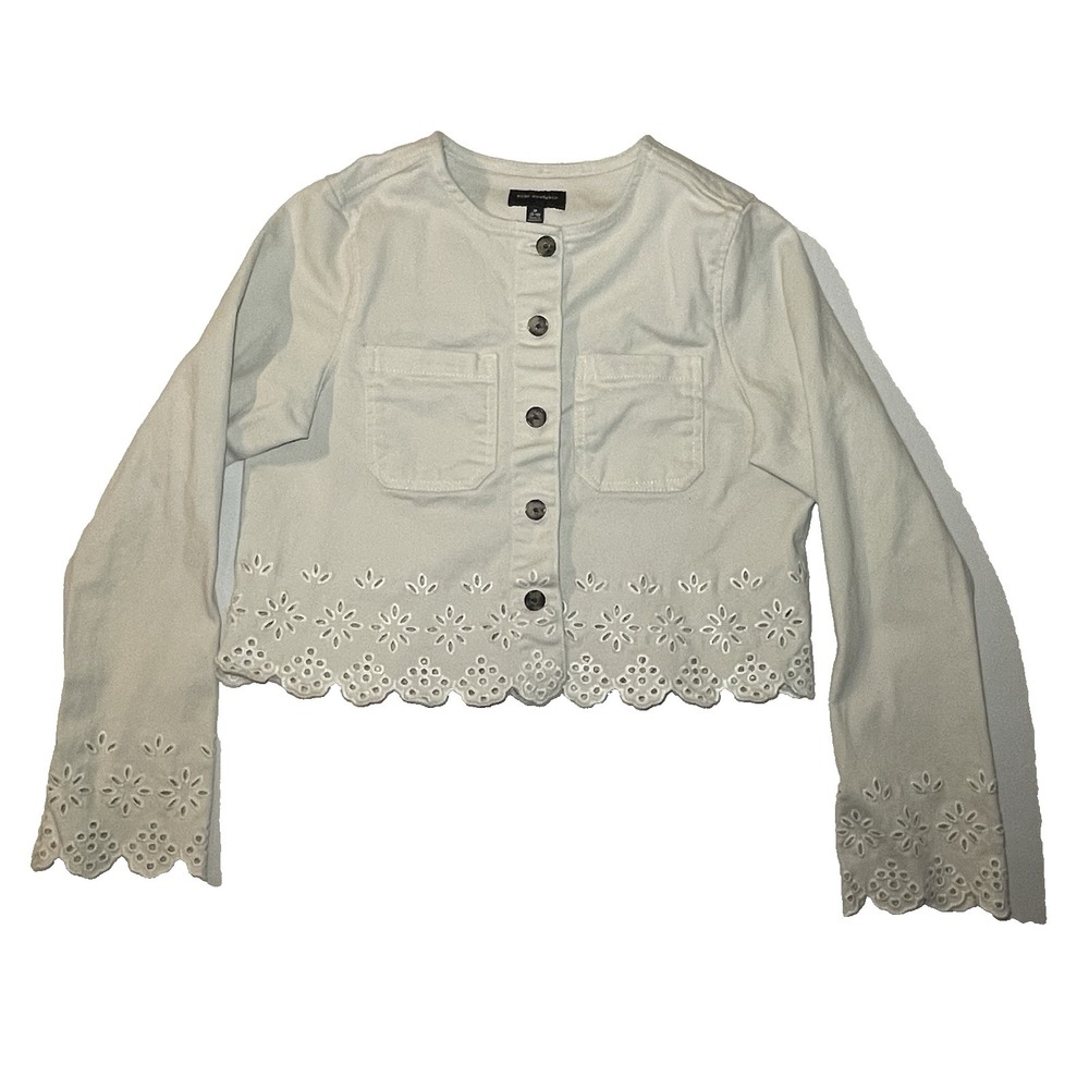 Free Assembly Women's White Eyelet Embroidered Button Front Cropped Jacket M